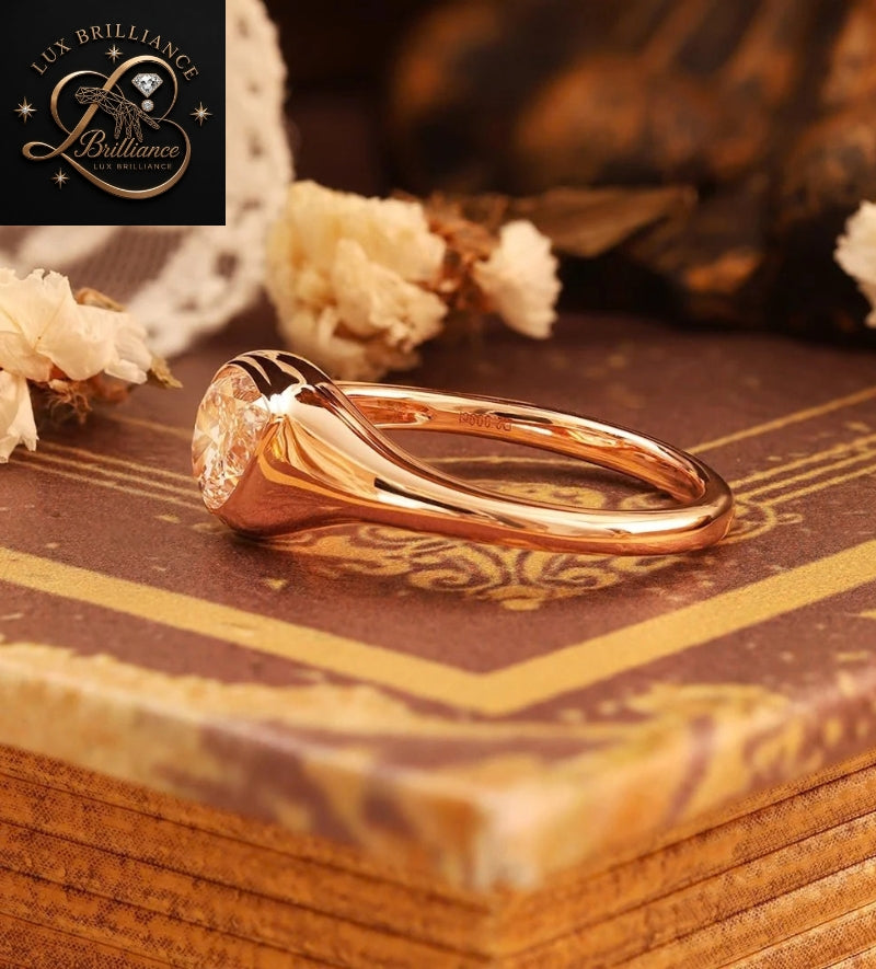 Modern Pear Cut Diamond Flush Bezel Ring in 18K Rose Gold | Anniversary Diamond Ring Gift