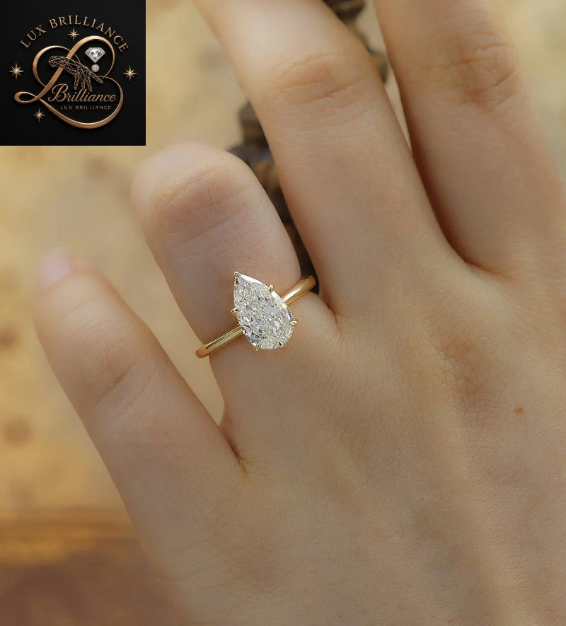 Lotus Basket Pear Shaped Diamond Solitaire Ring in 14K / 18K Yellow Gold | Bridal Surprise Gift