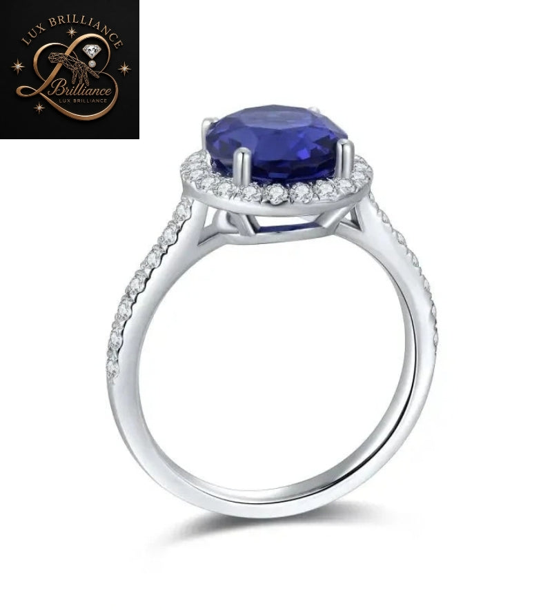 Round Diamond Blue Sapphire Ring | Micro Pave Halo Engagement Ring