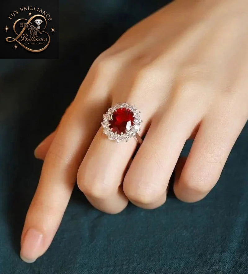 Oval Cut Ruby Gemstone Ring | Floral Halo White Gold Ring | Wedding Ring