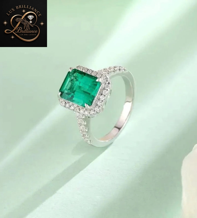 Emerald Cut Green Gemstone Halo Engagement Ring | 10k White Gold promise Ring