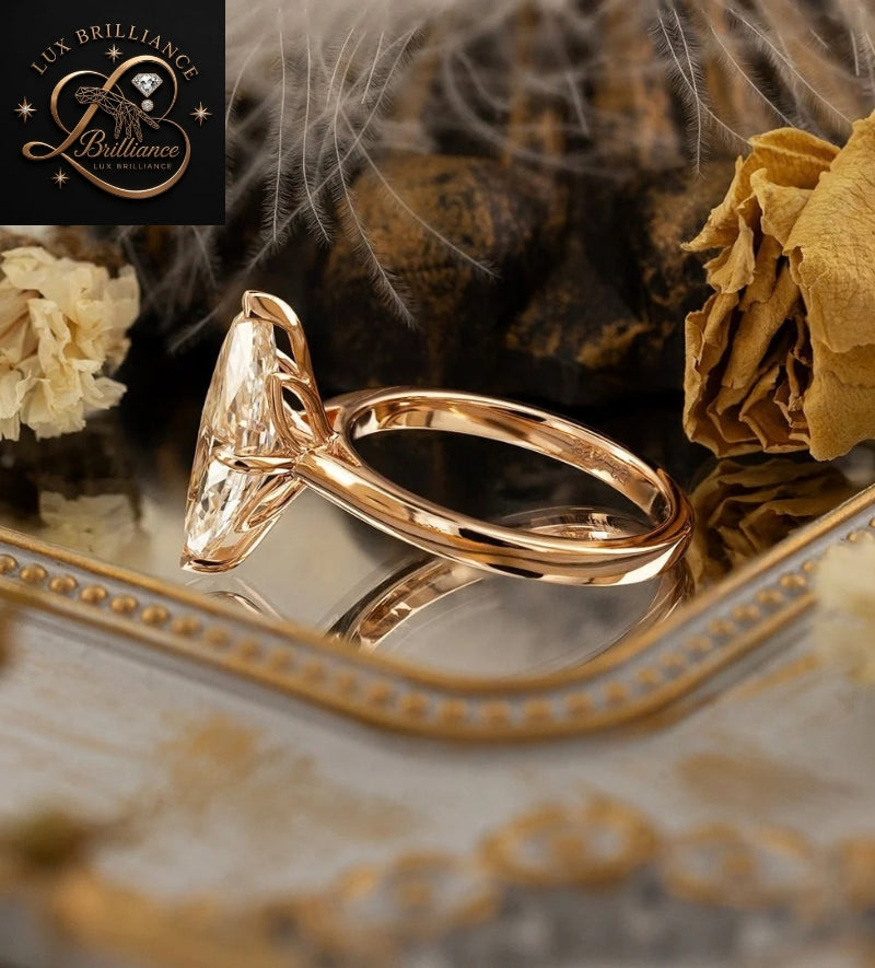 Solid 14k Rose Gold Marquise Cut Diamond Ring | V-Prong Solitaire Engagement Ring