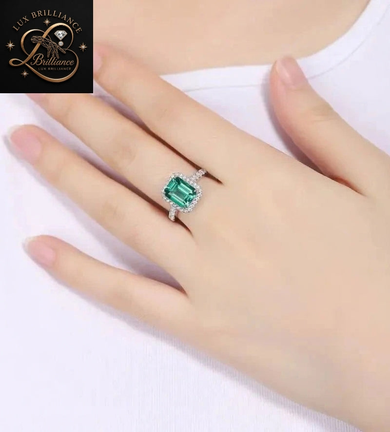 Emerald Cut Green Gemstone Halo Engagement Ring | 10k White Gold promise Ring