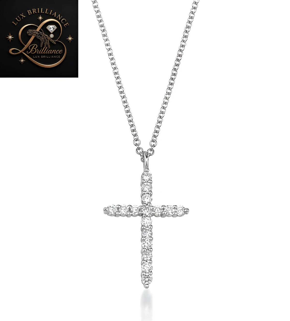 Prong-Set Diamond Cross Solitaire Pendant | 18k White Gold Cable Chain | Gift For Her