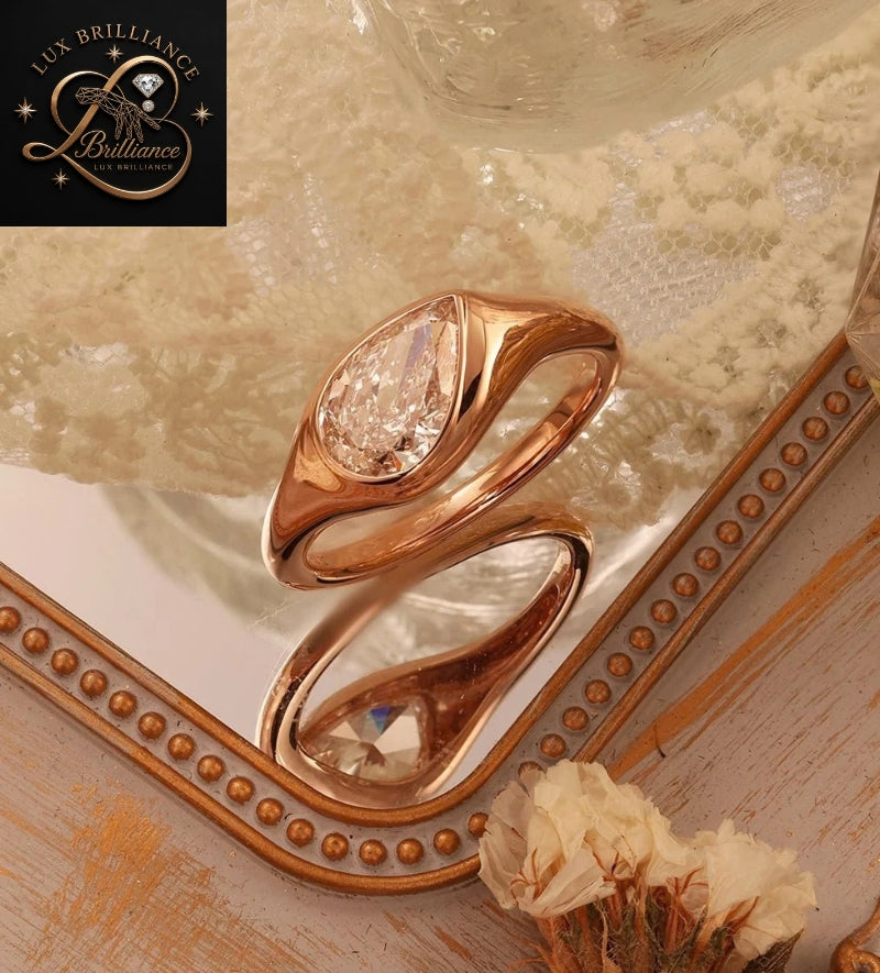 Modern Pear Cut Diamond Flush Bezel Ring in 18K Rose Gold | Anniversary Diamond Ring Gift
