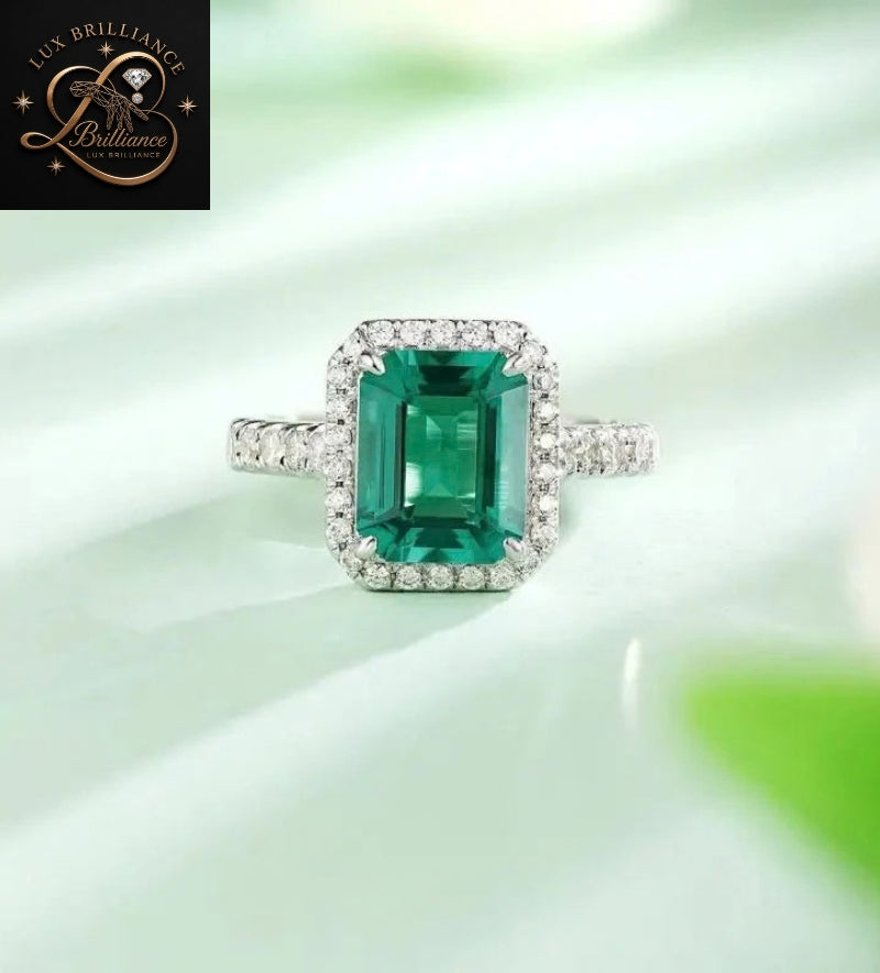 Emerald Cut Green Gemstone Halo Engagement Ring | 10k White Gold promise Ring
