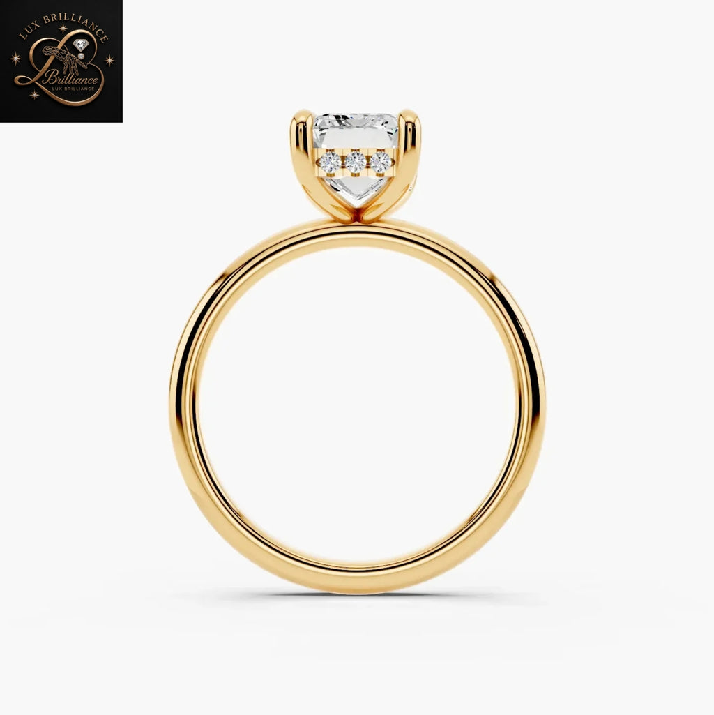 Simple Emerald Diamond Engagement Ring | Hidden Halo Solitaire Yellow Gold Ring