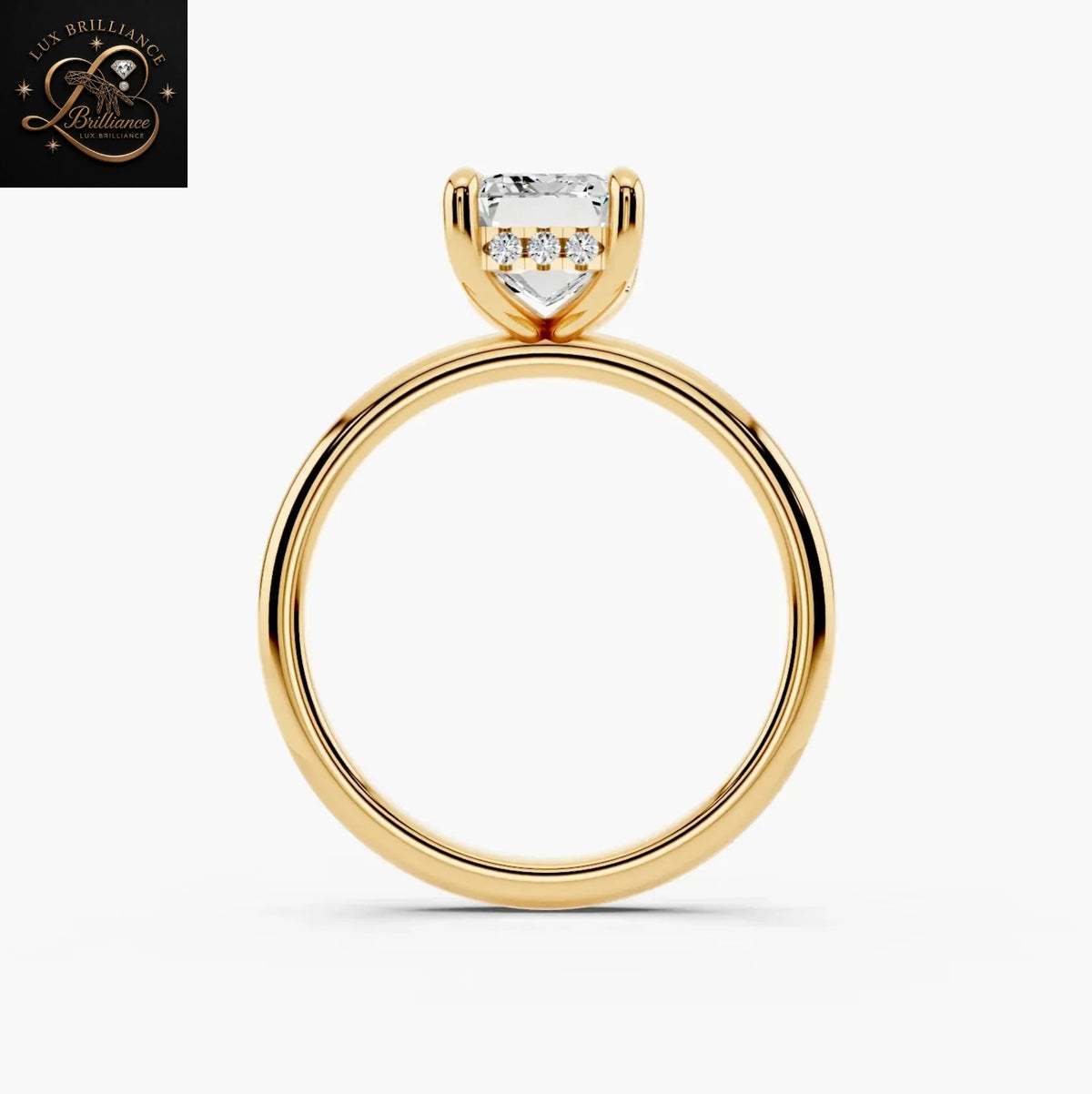 Simple Emerald Diamond Engagement Ring | Hidden Halo Solitaire Yellow Gold Ring