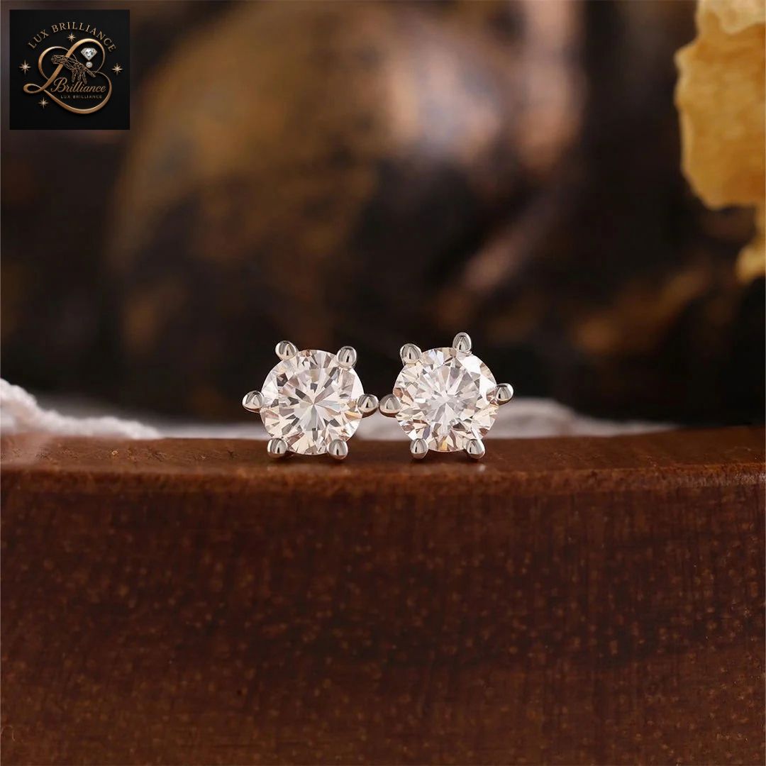 6-Prong Round Cut Solitaire Diamond Stud Earrings in 14K Gold | Push Back