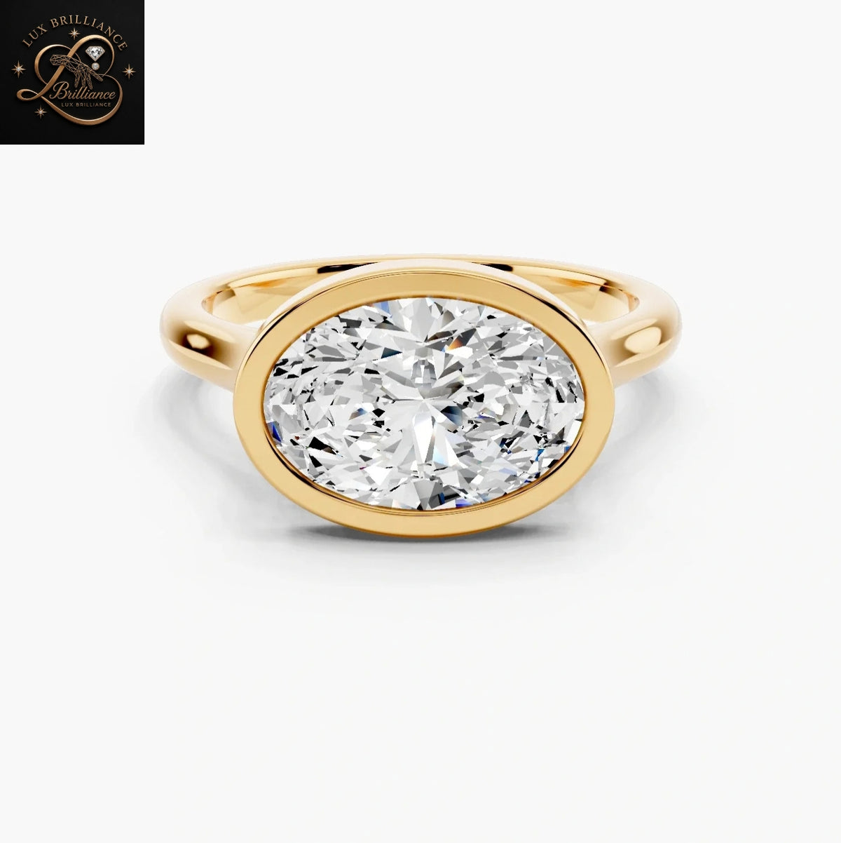East-West Oval Cut Diamond Bezel Set Solitaire Engagement Ring | 14K Yellow Gold Promise Ring