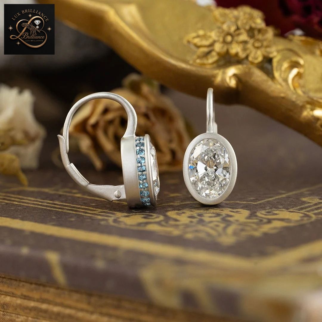 14K White Gold Bezel Oval Diamond Solitaire Earrings | Lever back Dangle