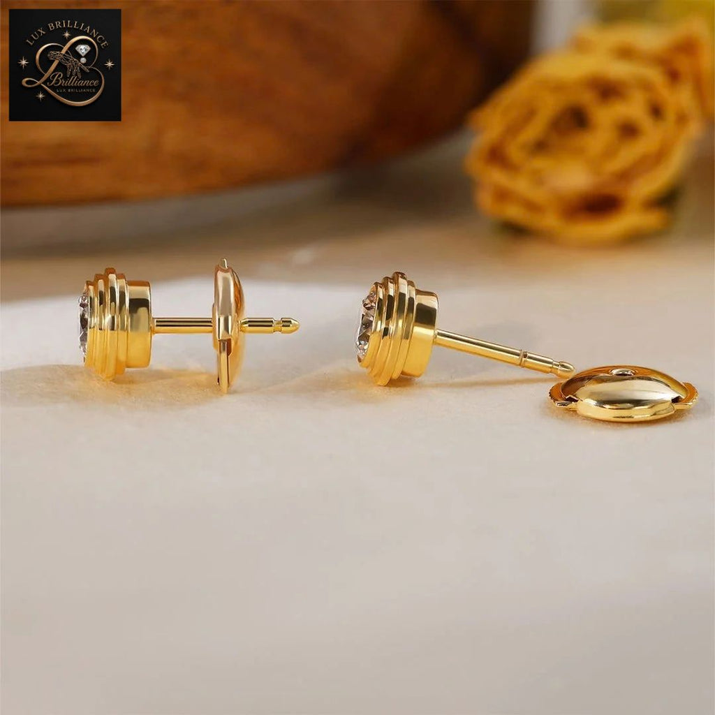 Bezel Set Round Diamond Solitaire Studs | 14K Solid Gold Screw Back Earrings (Copy)