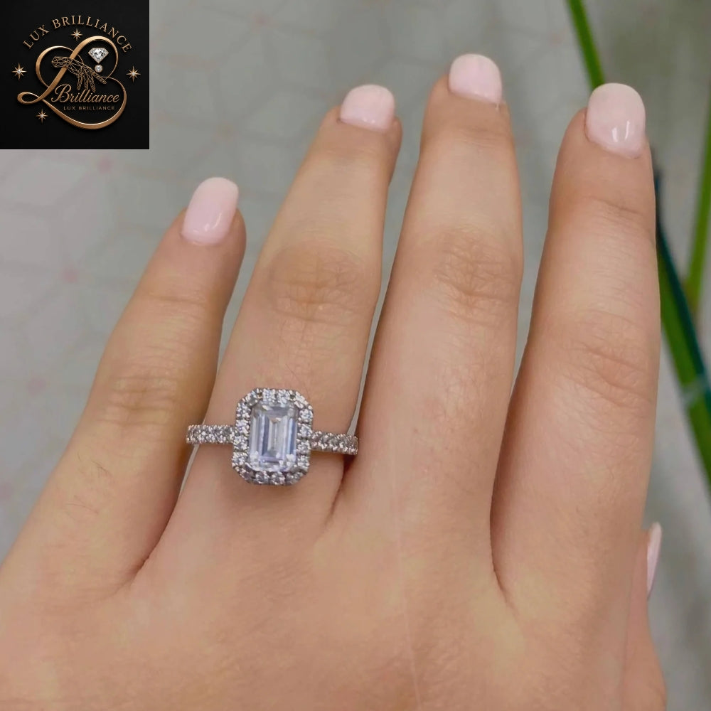 Emerald Cut Diamond Engagement Ring | Halo Solitaire White Gold Ring | Engagement Ring
