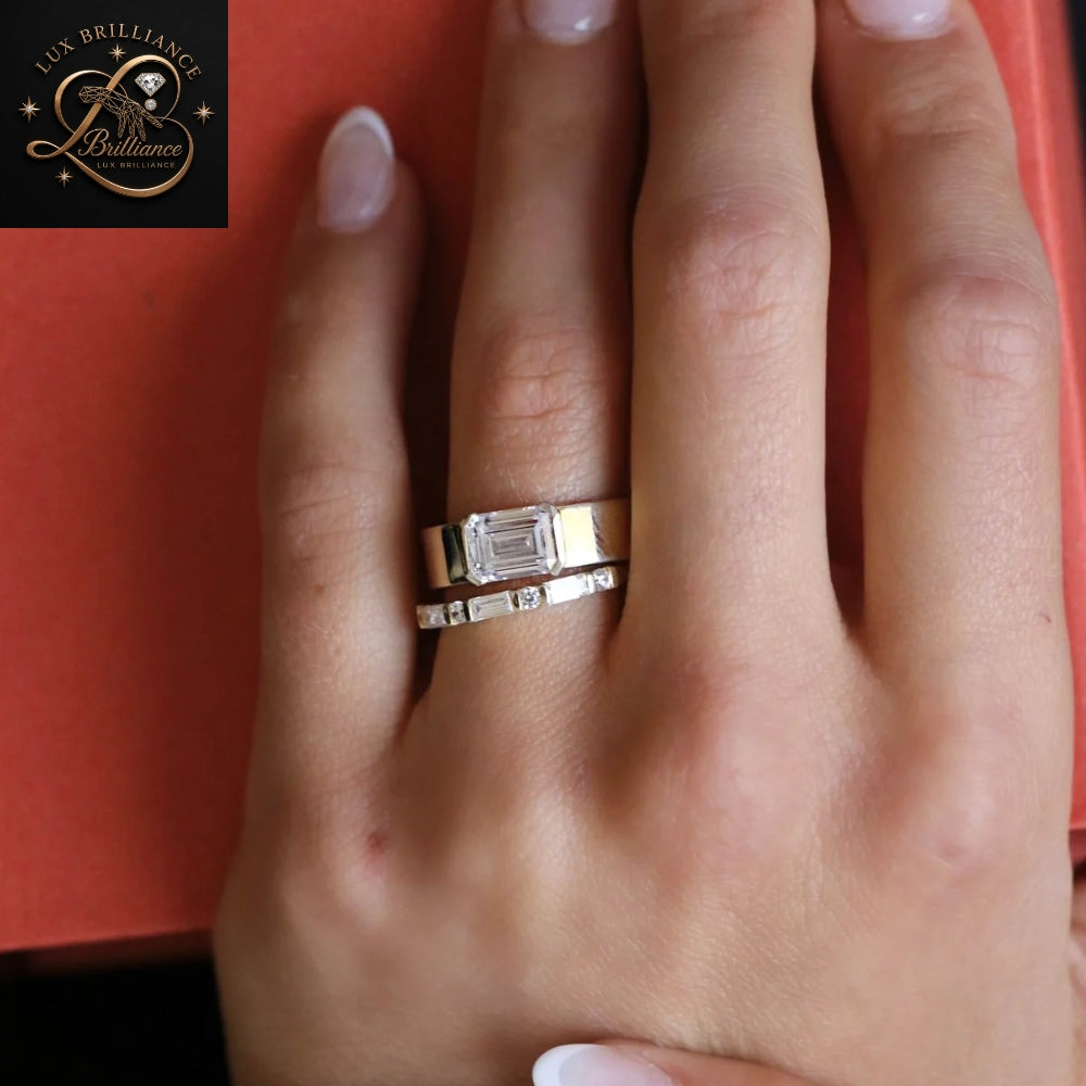 East-West Emerald Cut Diamond Bezel Ring | Yellow Gold Wedding Ring  | Gift for her
