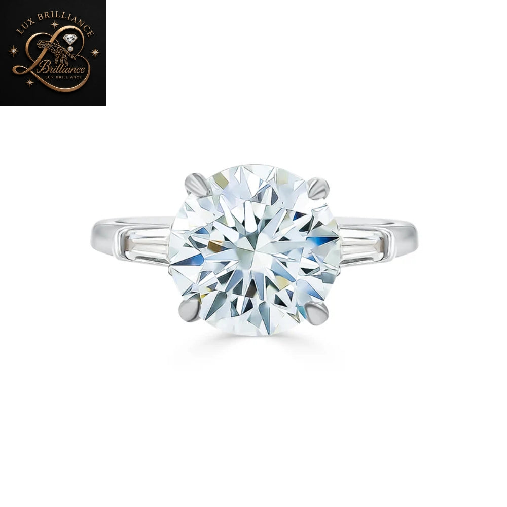 Round Brilliant Cut Diamond Engagement Ring | Tapered Baguette Side Stones | Anniversary Gift