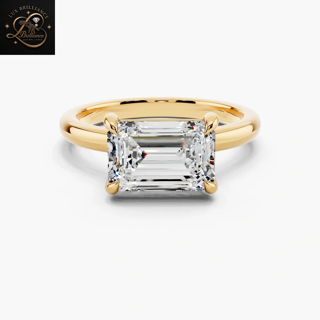 East-West Emerald Cut Solitaire Engagement Ring in 14K Yellow Gold