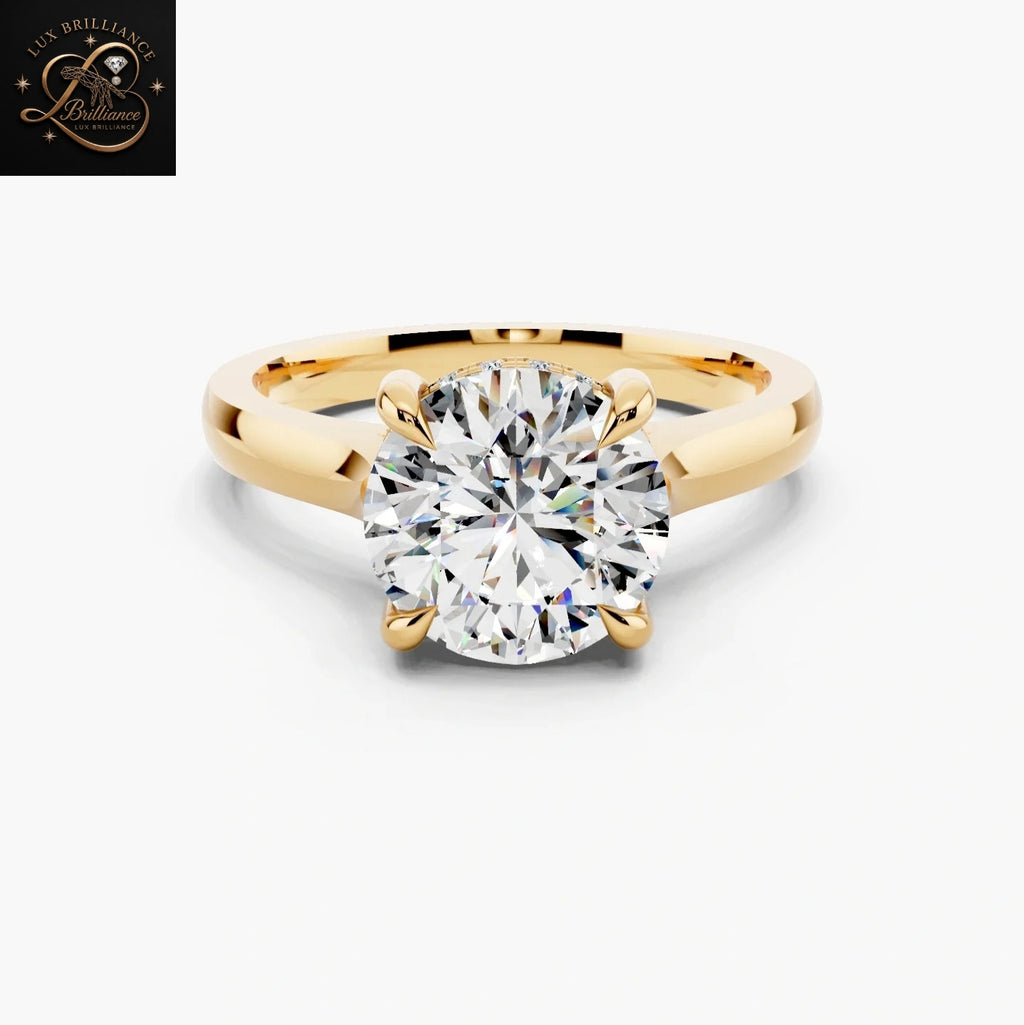 Round Cut Solitaire Engagement Ring with Hidden Halo and Under-Gallery Bridge Pavé | 14K Yellow Gold