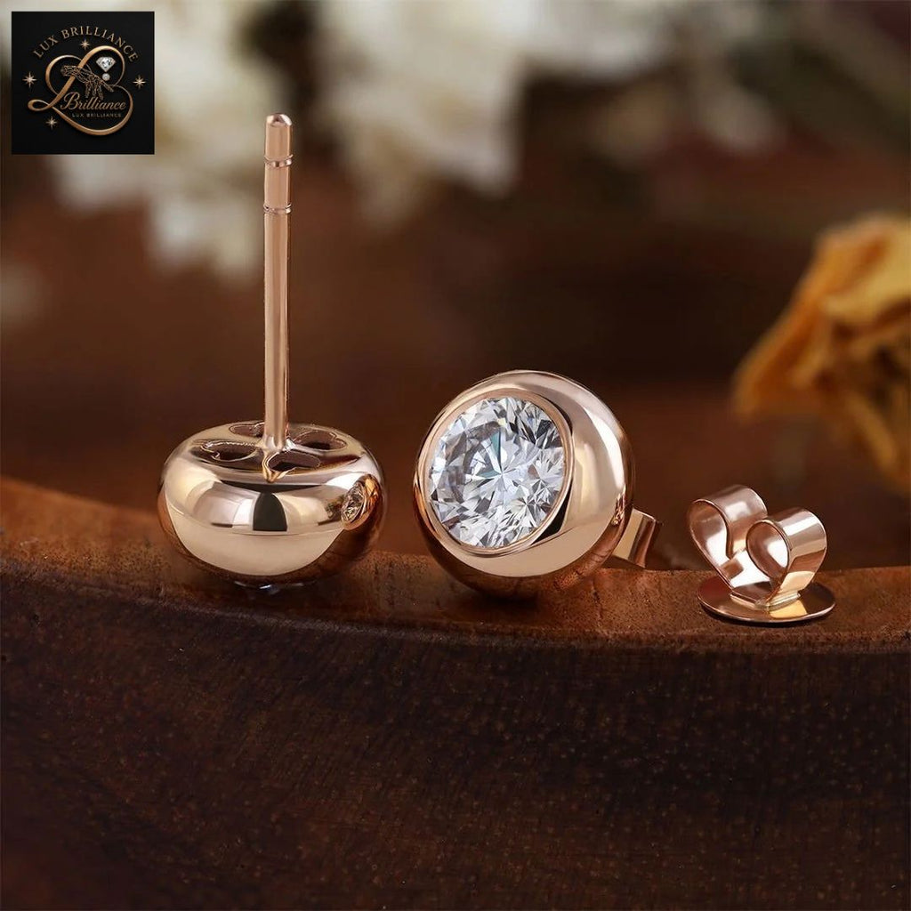 Bezel Set Round Diamond Solitaire Stud Earrings | 18K Rose Gold