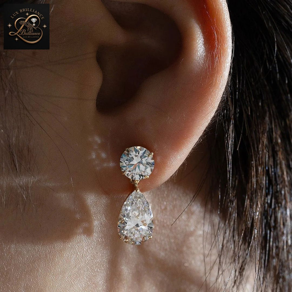 Round and Pear Shape Diamond Drop Earrings in 14K Solid Gold | Dangle Earrings