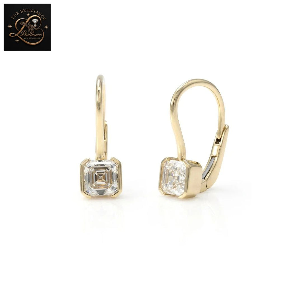 Bezel Set Asscher Cut Diamond Lever back Earrings | Solid Gold Solitaire Dangles