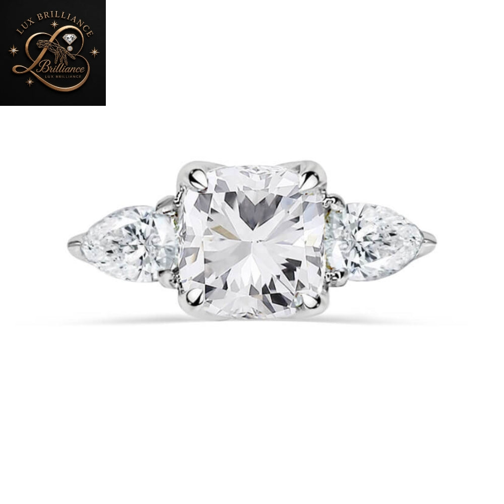 Cushion Cut Diamond Three Stone Engagement Ring with Pear Cut Side Stones| 18K White Gold  Ring