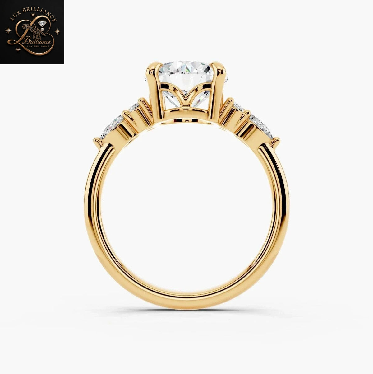 Classic Round Cut Diamond Engagement Ring with Pear and Round Cluster Side Stones