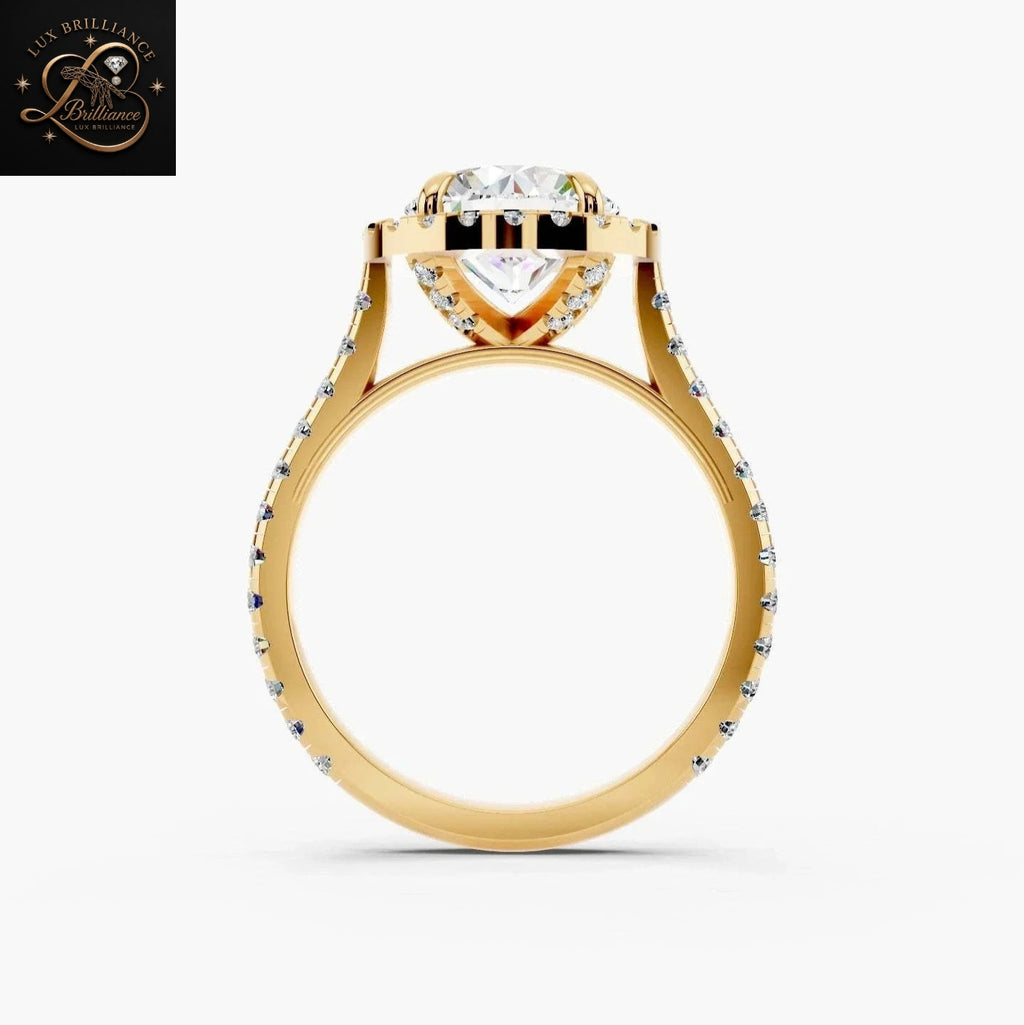 2 CT Round Brilliant Cut Diamond Halo Engagement Ring with Pavé Band | 14K Yellow Gold Promise Ring