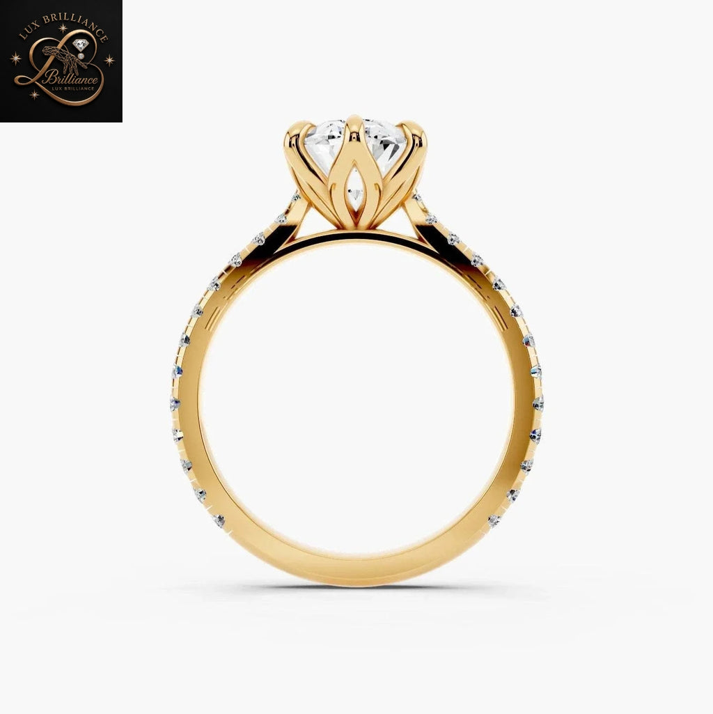 Oval Cut Diamond Engagement Ring with Pavé Band in Tulip Petal Setting 18K Yellow Gold