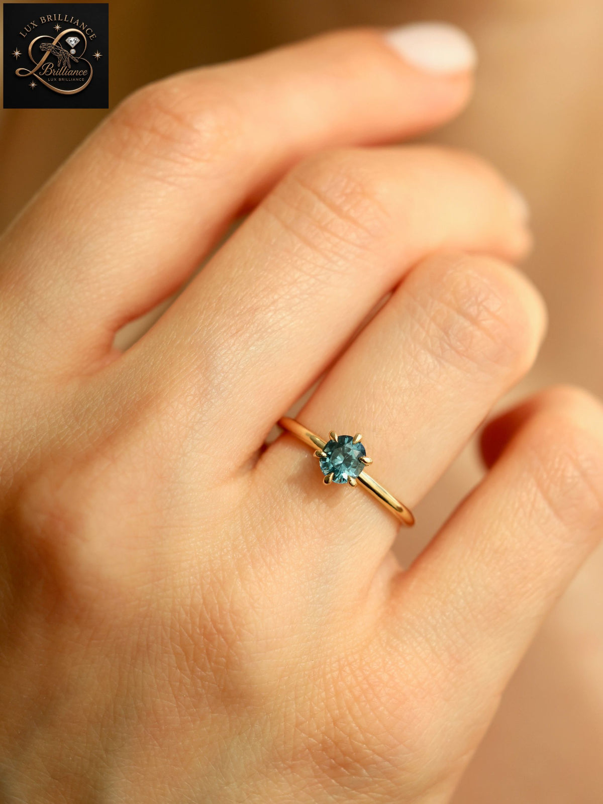Minimalist Teal Blue Round Diamond Solitaire Ring | 6-Prong 14K Yellow Gold  Fine Jewelry