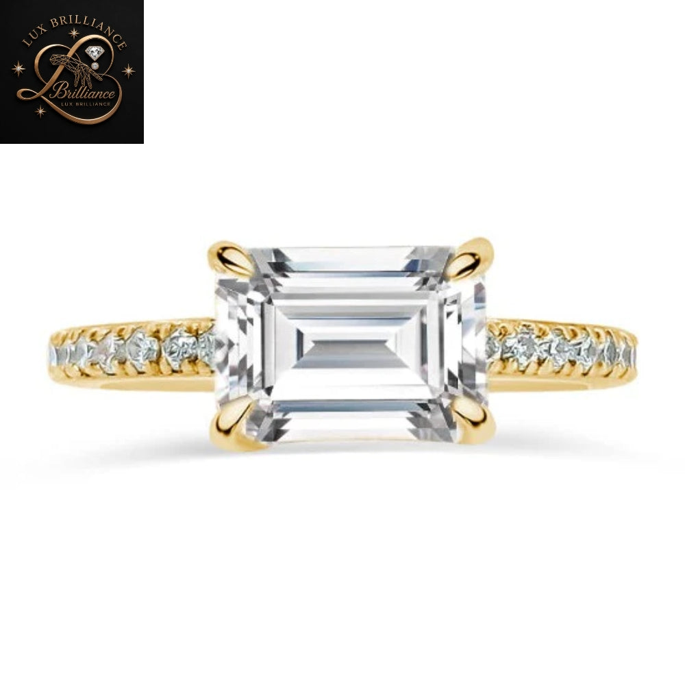 East West Emerald Cut Lab Diamond Engagement Ring | 14K Yellow Gold Pave Diamond Band | Solitaire Ring