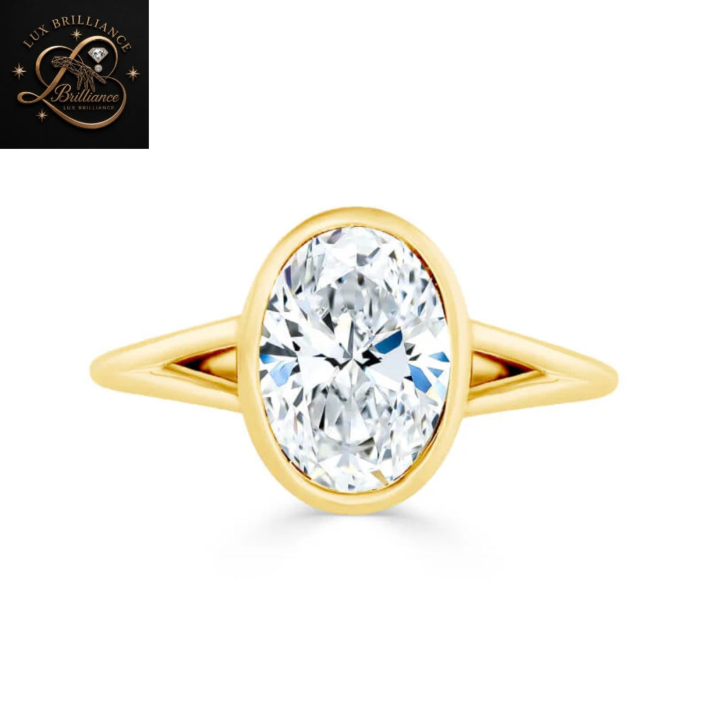 Bezel Set Oval Diamond Engagement Ring | Split Shank Yellow Gold Ring | Anniversary Ring For Gift