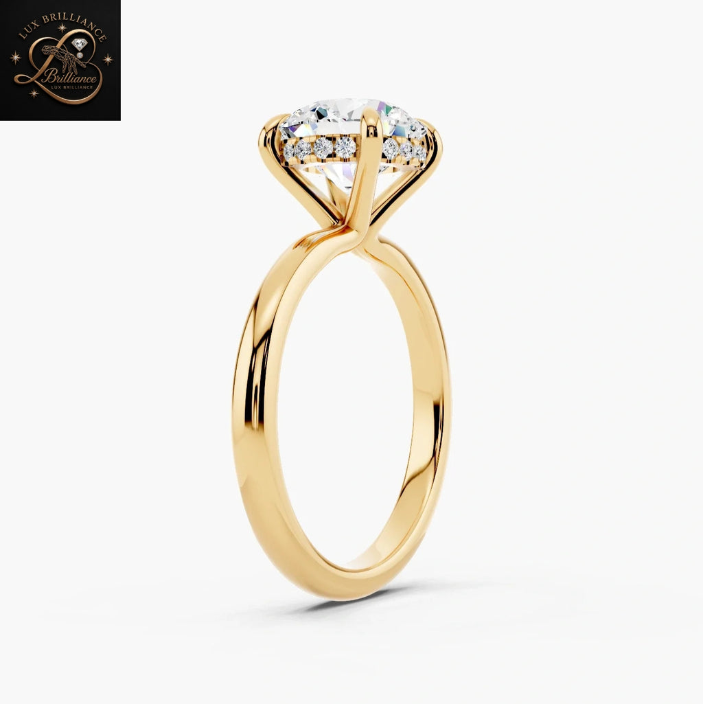 Round Cut Solitaire Engagement Ring with Hidden Halo |14K Yellow Gold Gift For Her