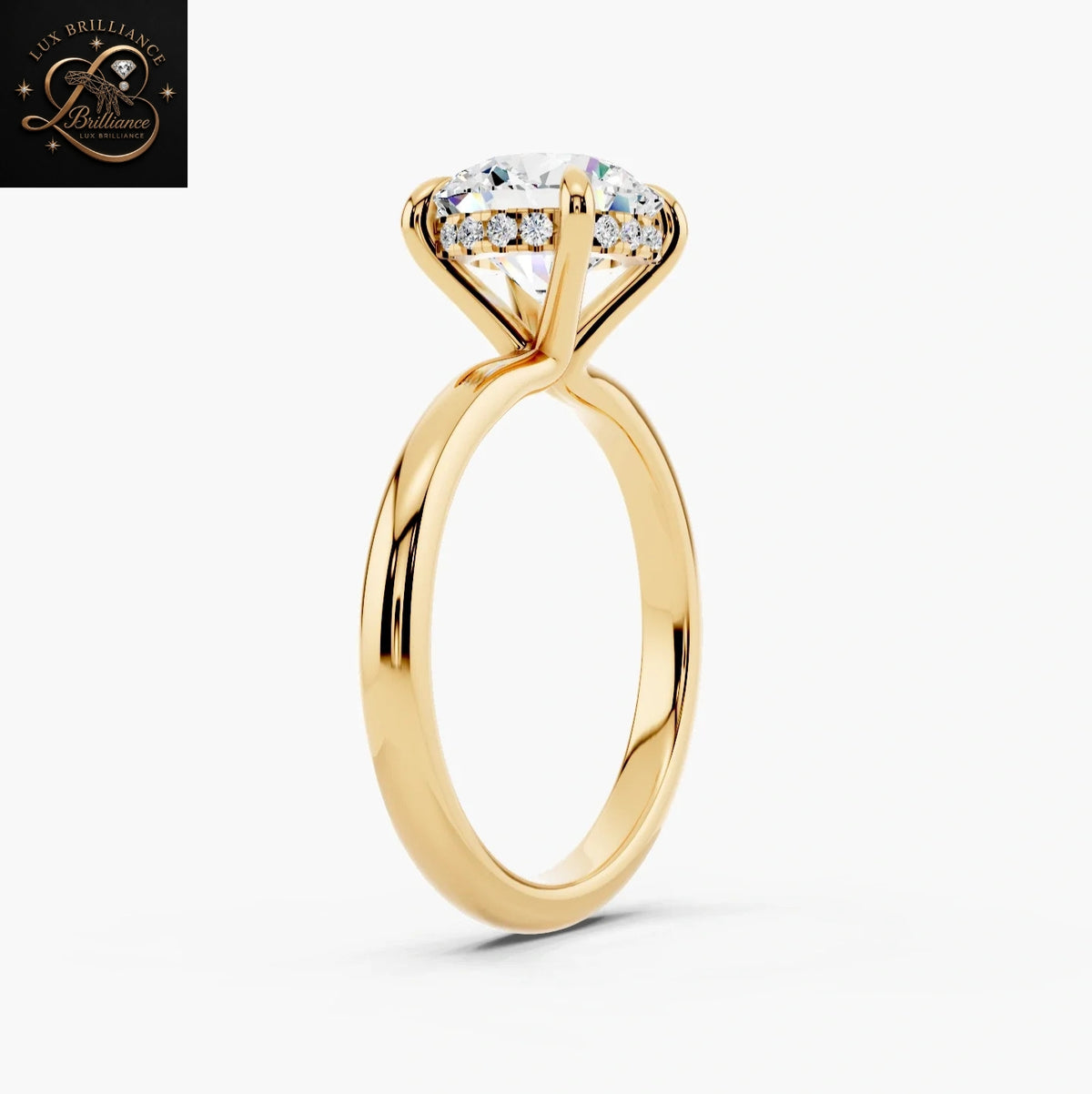 Round Cut Solitaire Engagement Ring with Hidden Halo |14K Yellow Gold Gift For Her