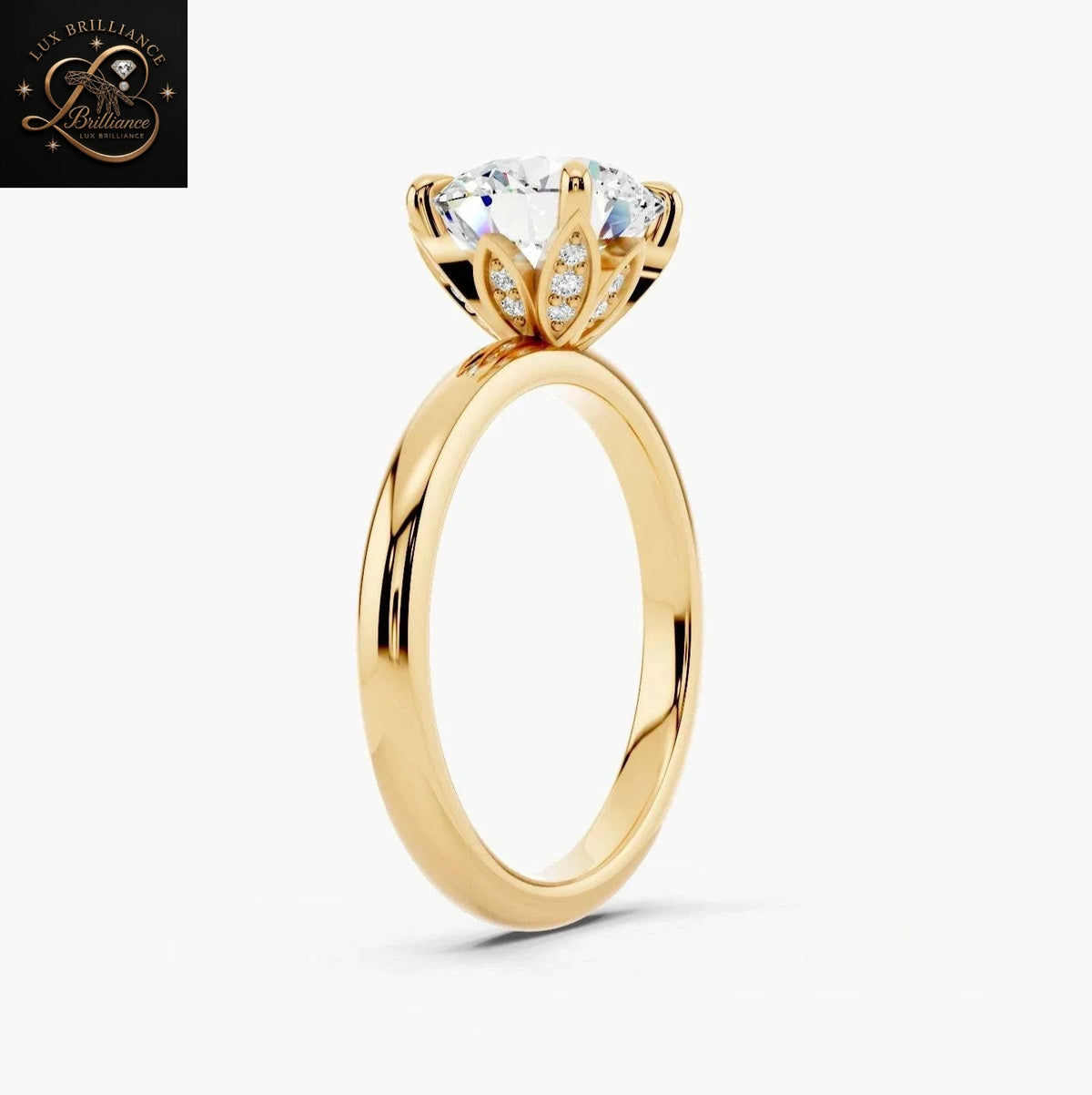 Round Brilliant Cut Diamond Solitaire Engagement Ring in Floral Petal Setting |18K Yellow Gold