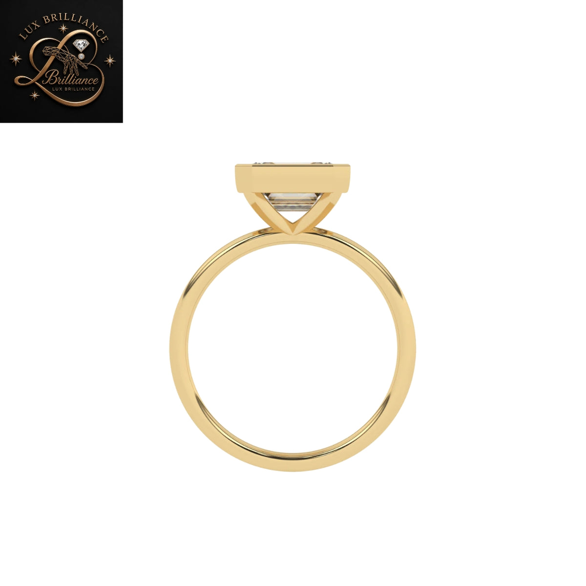 East-West Emerald Cut Diamond Full Bezel Solitaire Ring in Yellow Gold | gift for her