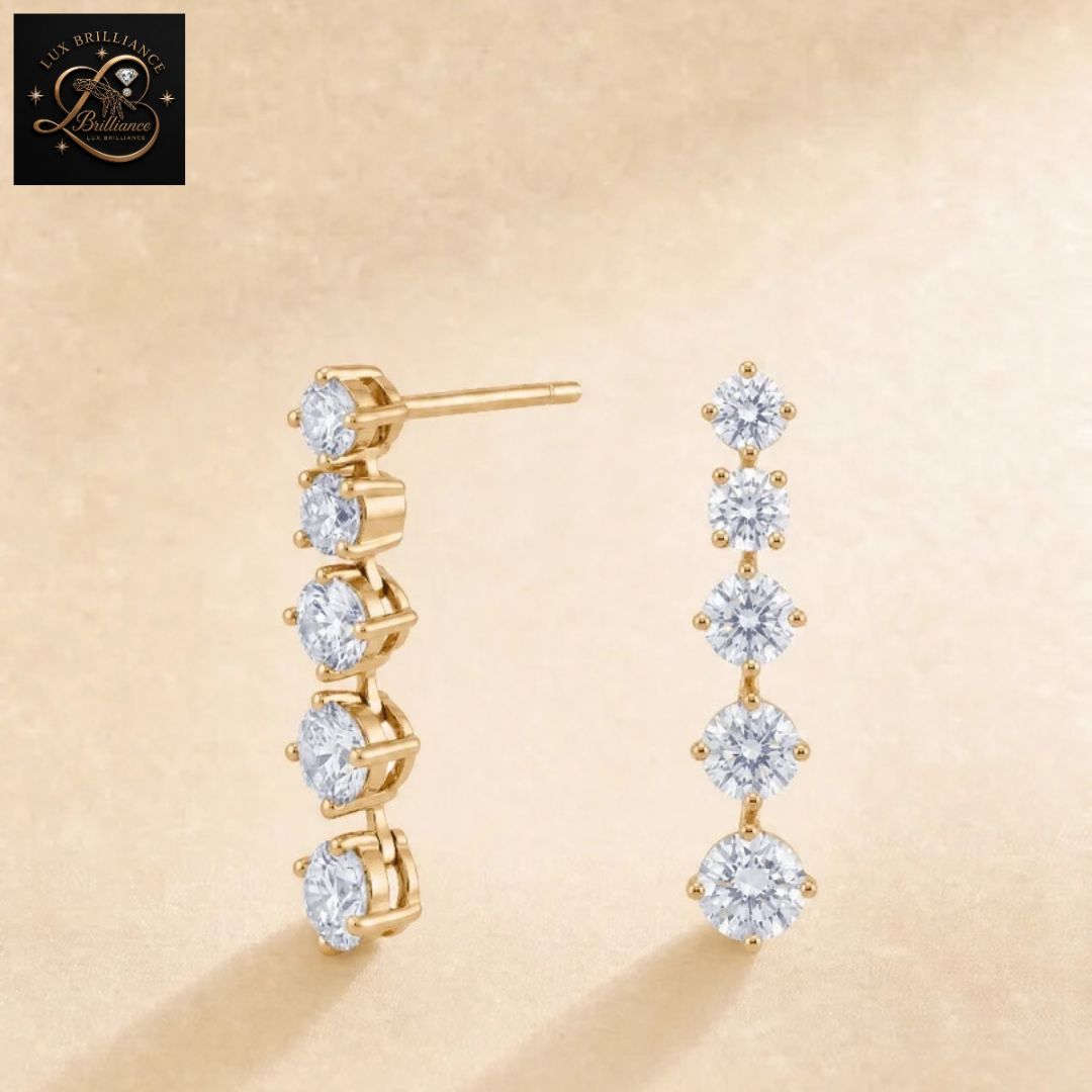 Graduated Round Cut Diamond Vertical Drop Earrings | Gold Dangle Studs