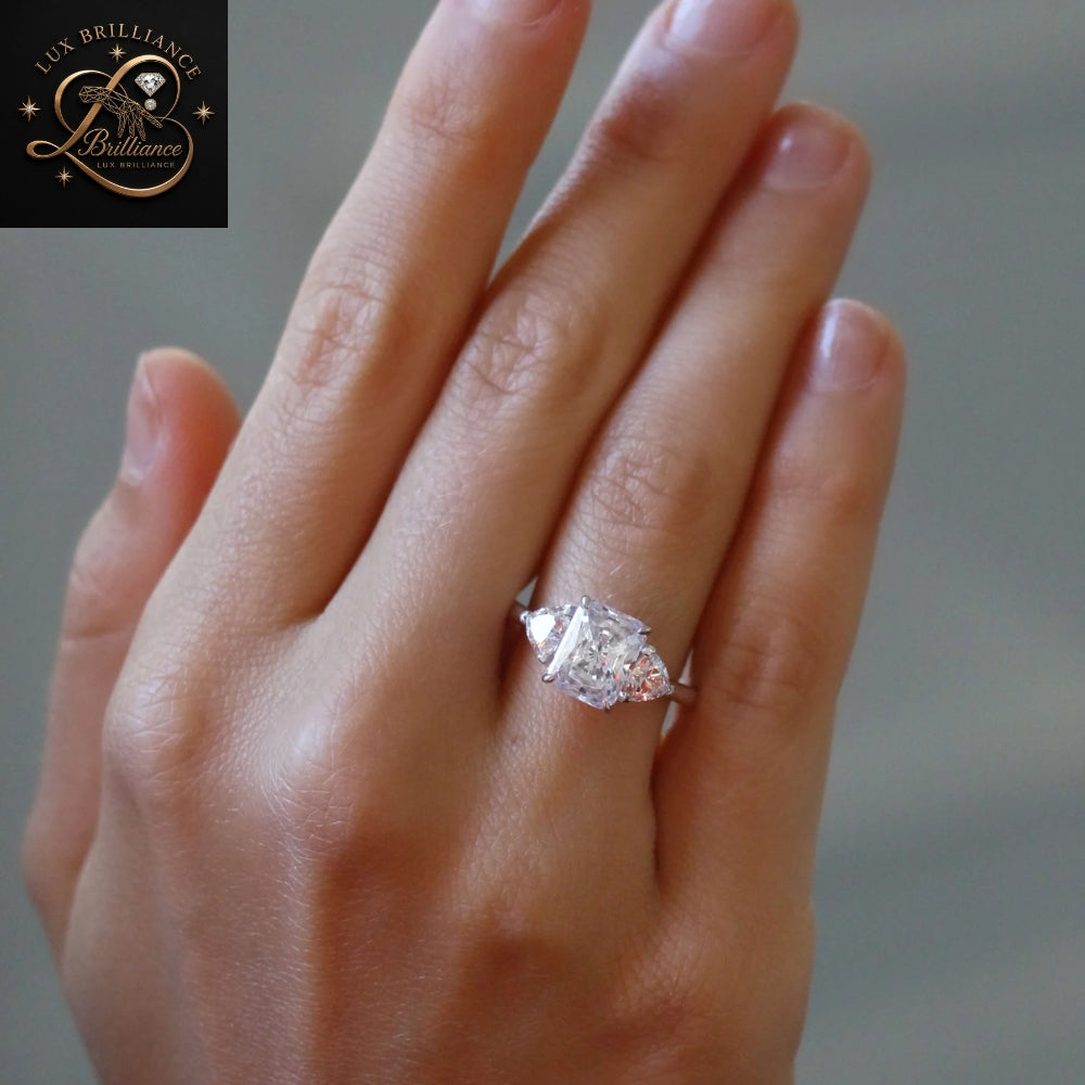 Cushion Cut Three Stone Diamond Engagement Ring |Trillion Side Stones timeless Ring | Gift For Ring