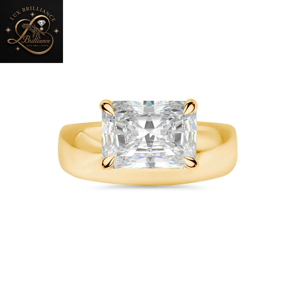 East-West Elongated Radiant Diamond Ring | Wide Band Solitaire 4-Prong Ring | Classic Ring