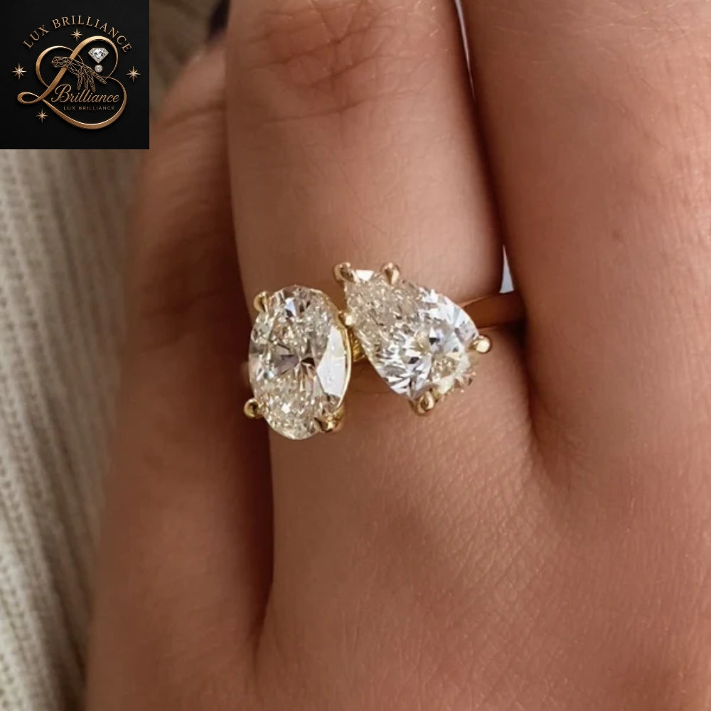 Toi et Moi Oval & Pear Cut Diamond Engagement Ring in 14K / 18K Yellow Gold | Gift For Her