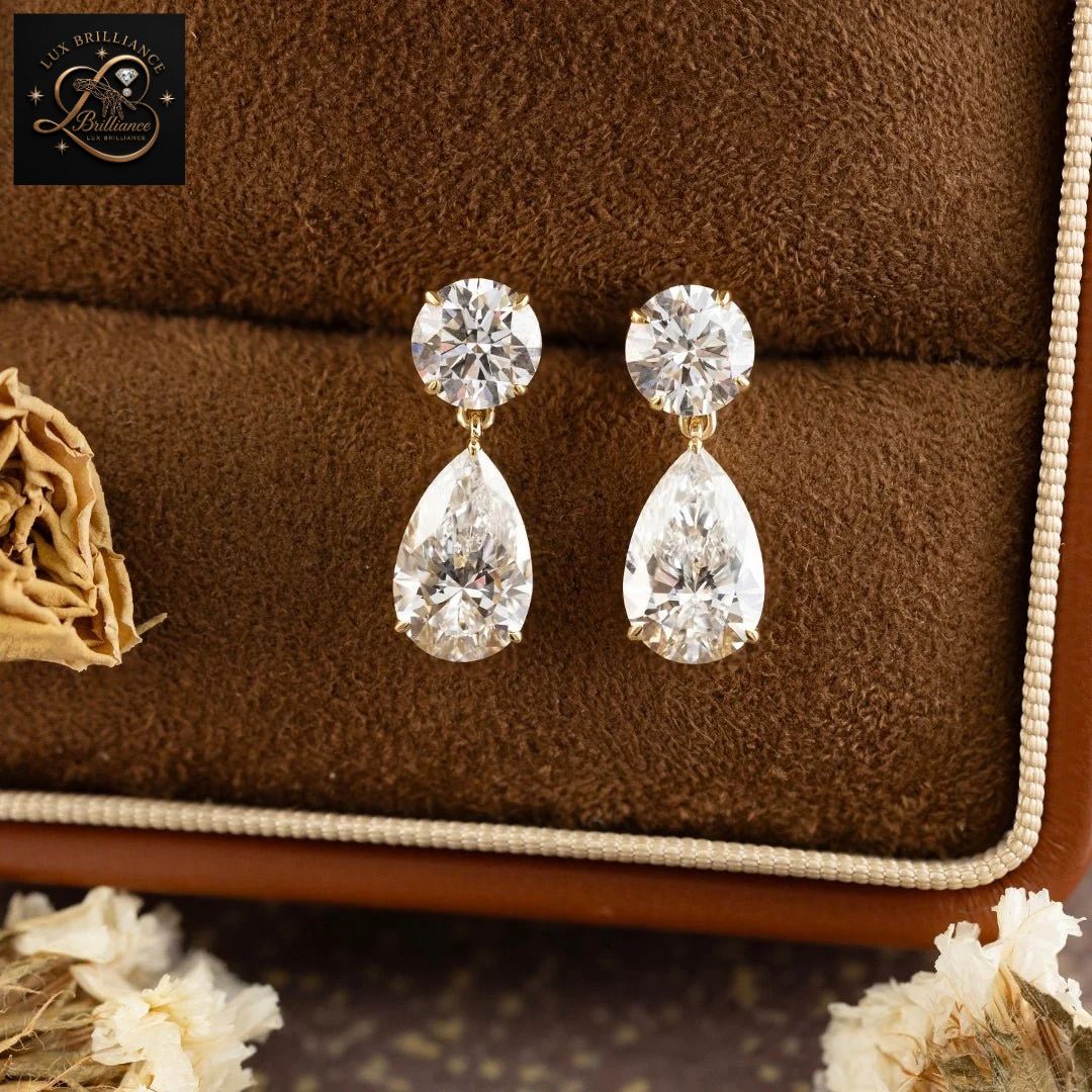 Round and Pear Shape Diamond Drop Earrings in 14K Solid Gold | Dangle Earrings