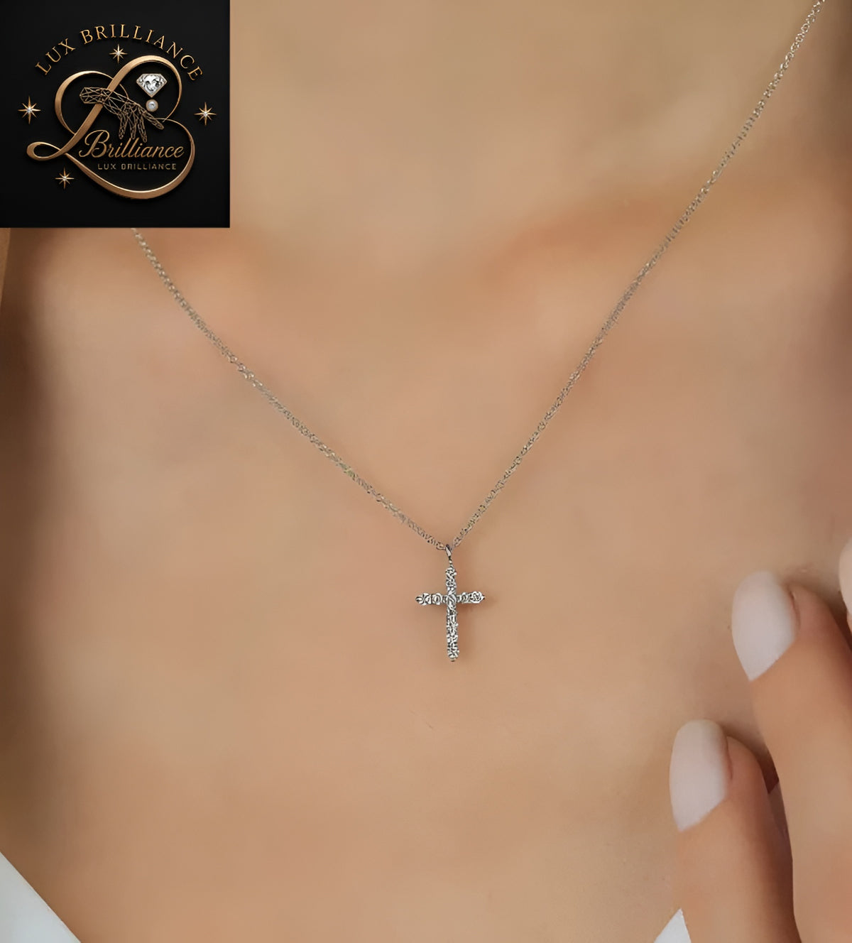 Prong-Set Diamond Cross Solitaire Pendant | 18k White Gold Cable Chain | Gift For Her