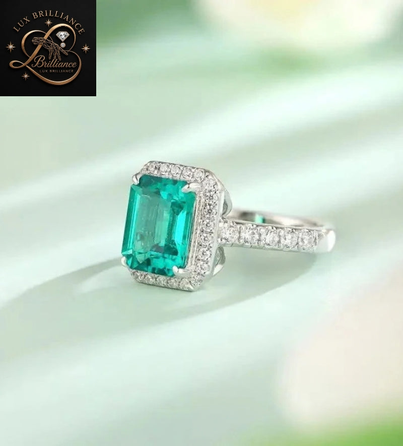Emerald Cut Green Gemstone Halo Engagement Ring | 10k White Gold promise Ring