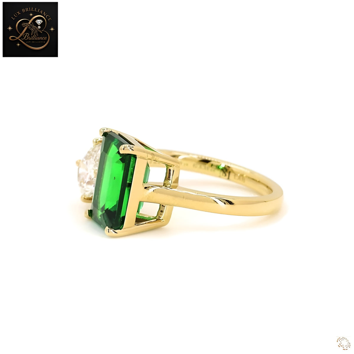 Toi et Moi Emerald Cut Green Gemstone and Pear Diamond Ring | 18k Yellow Gold Lab Grown Diamond Ring