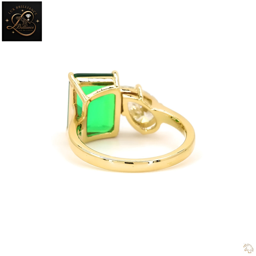 Toi et Moi Emerald Cut Green Gemstone and Pear Diamond Ring | 18k Yellow Gold Lab Grown Diamond Ring