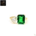 Toi et Moi Emerald Cut Green Gemstone and Pear Diamond Ring | 18k Yellow Gold Lab Grown Diamond Ring