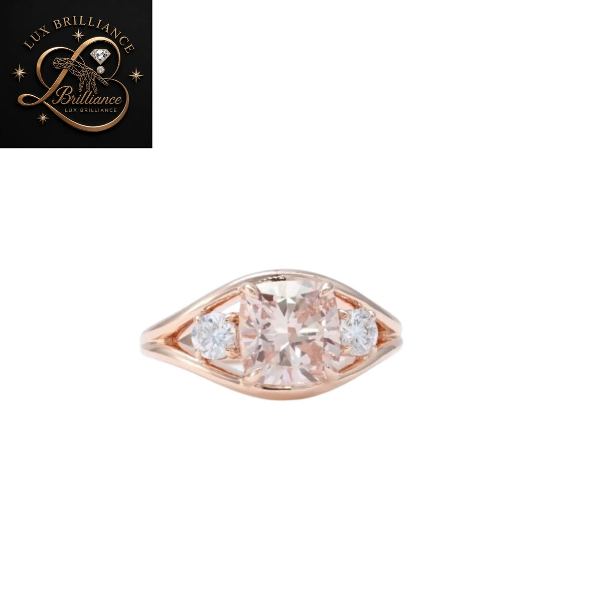 Cushion Cut Champagne Diamond Engagement Ring | Round Side Stone Split Shank Ring