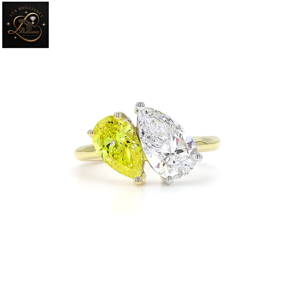 Toi et Moi Yellow and White Pear Cut Diamond Engagement Ring | Two-Tone 14K Yellow Gold Ring