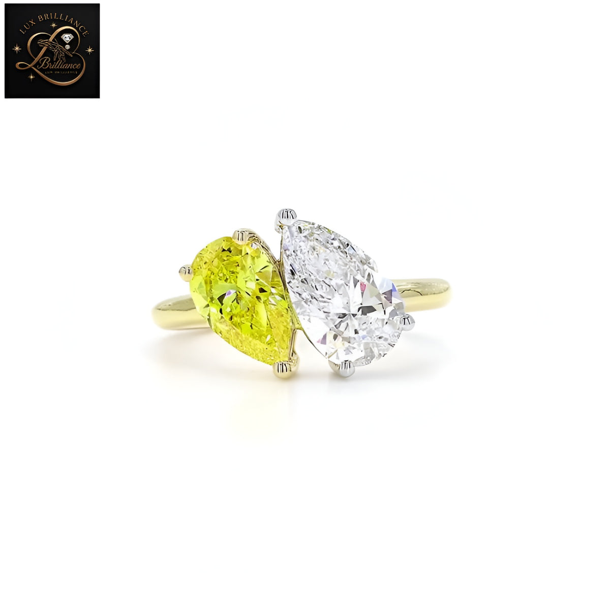 Toi et Moi Yellow and White Pear Cut Diamond Engagement Ring | Two-Tone 14K Yellow Gold Ring
