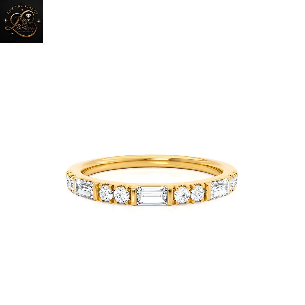Alternating Round & Baguette Eternity Ring | Lab Diamond Statement 18K Yellow Gold Ring |Gift For Her