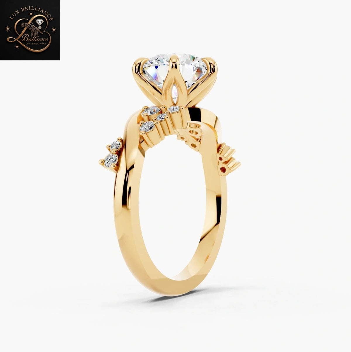 Unique 2.5 CT Round Cut Cluster Engagement Ring | 14K Yellow Gold Tulip Solitaire Ring